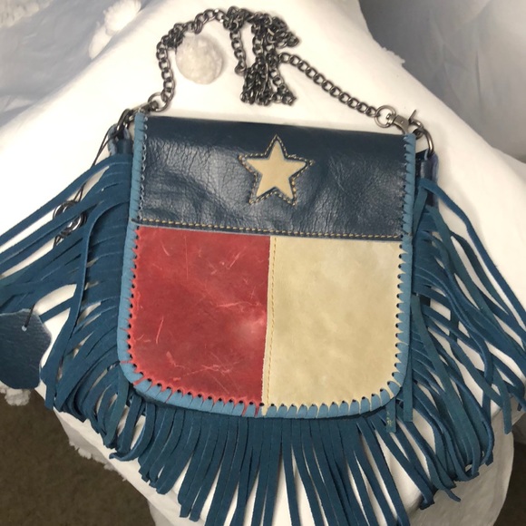 P&G Texas flag genuine leather red, cream, and blue crossbody with fringes. - Picture 1 of 16
